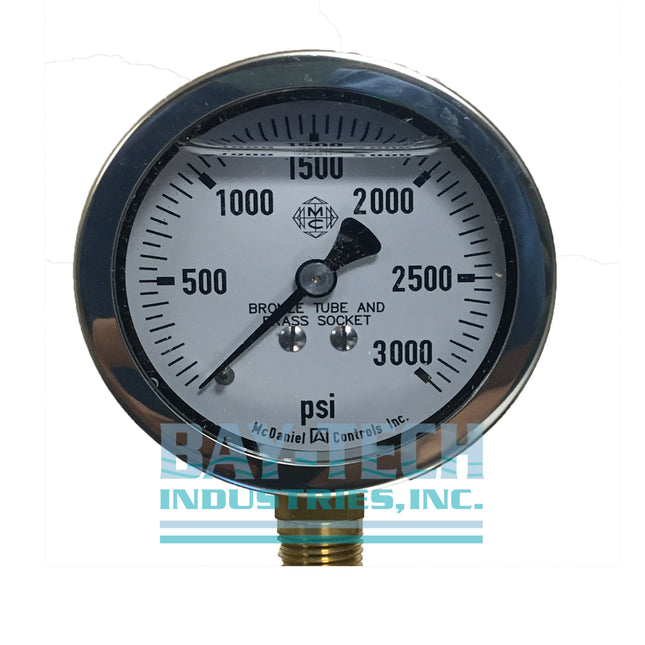 0-3000 PSI 2.5" Glycerin Filled Pressure Gauge - 1/4" MNPT Bottom Mount - J6N